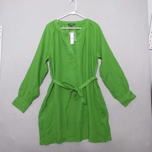 J Crew Dress Large Cabana Mini Kelly Green Linen Pockets Belted Coastal 2025 NWT